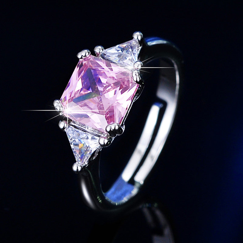 Jewels Galaxy Silver Plated AD Studded Rectangular Pink Stone Anti Tarnish Adjustable Ring