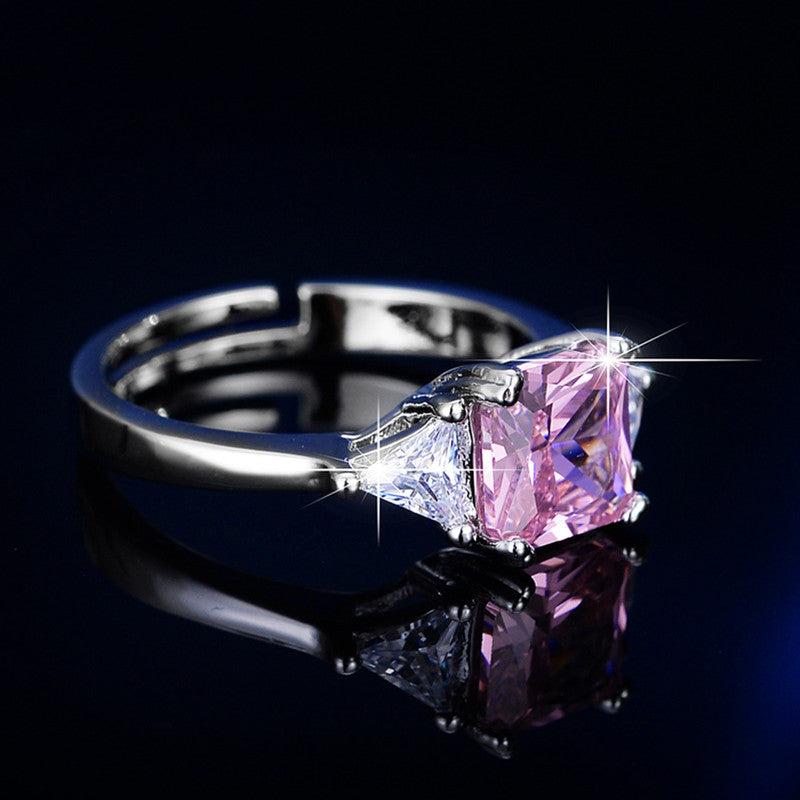 Jewels Galaxy Silver Plated AD Studded Rectangular Pink Stone Anti Tarnish Adjustable Ring
