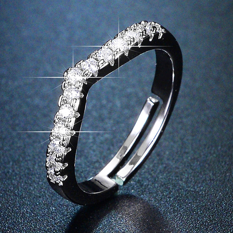 Jewels Galaxy Silver Plated AD Studded V Shape Contemporary Anti Tarnish Adjustable Finger Ring