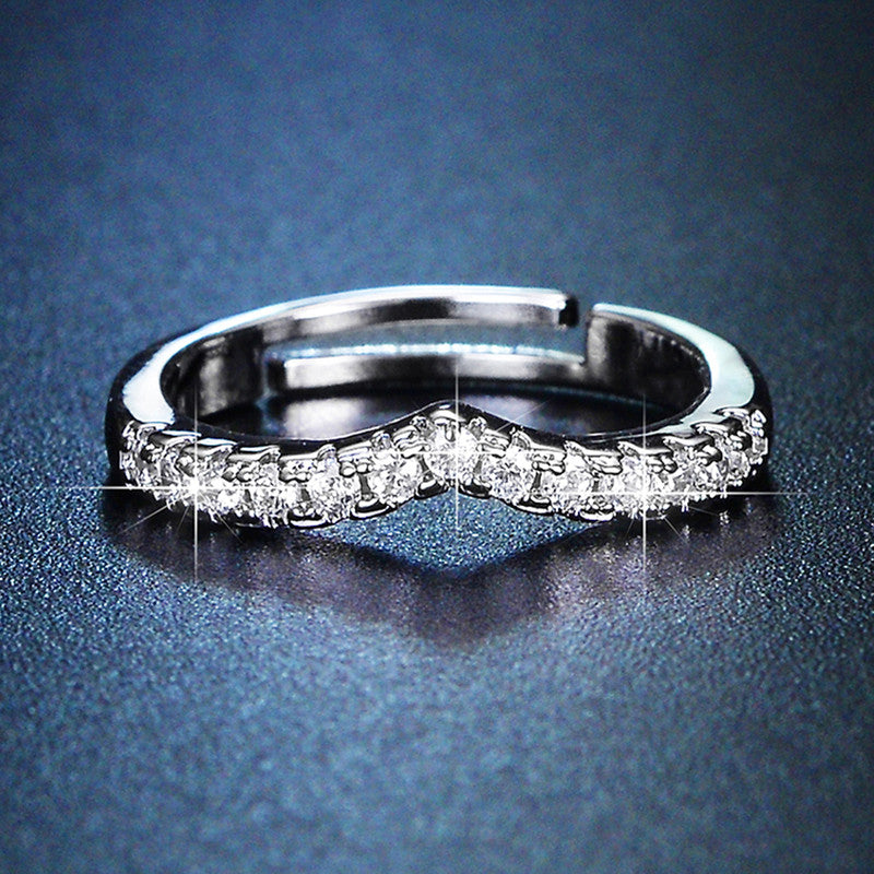 Jewels Galaxy Silver Plated AD Studded V Shape Contemporary Anti Tarnish Adjustable Finger Ring