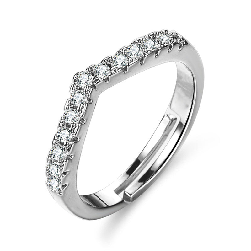 Jewels Galaxy Silver Plated AD Studded V Shape Contemporary Anti Tarnish Adjustable Finger Ring