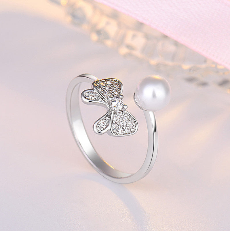 Jewels Galaxy Silver Plated AD Studded Butterfly Shape Contemporary Korean Finger Ring
