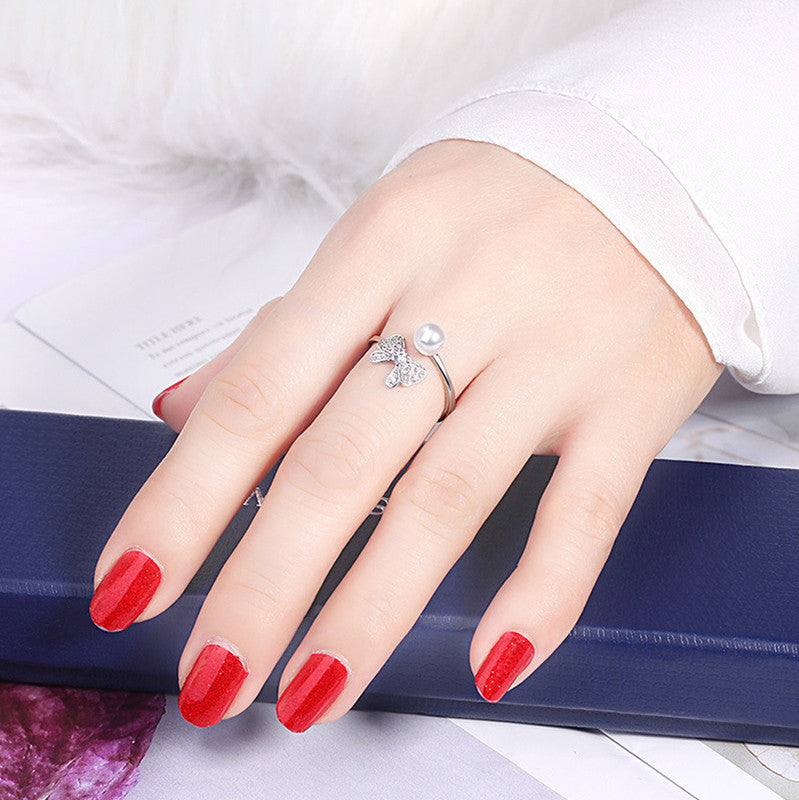 Jewels Galaxy Silver Plated AD Studded Butterfly Shape Contemporary Korean Finger Ring