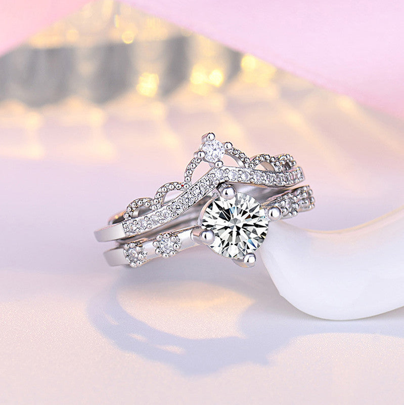 Jewels Galaxy Silver Plated AD Studded Crown Shape Contemporary Korean Finger Ring