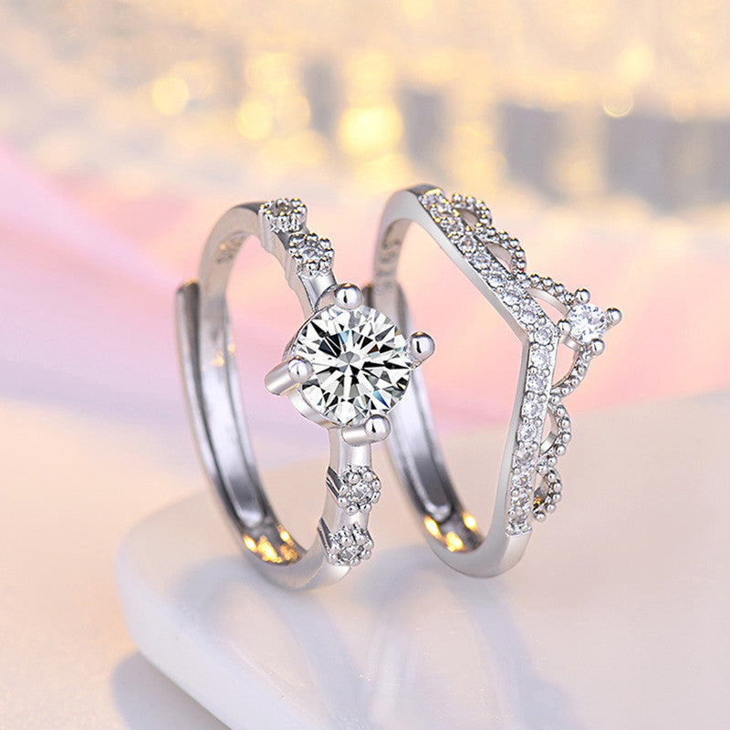 Jewels Galaxy Silver Plated AD Studded Crown Shape Contemporary Korean Finger Ring