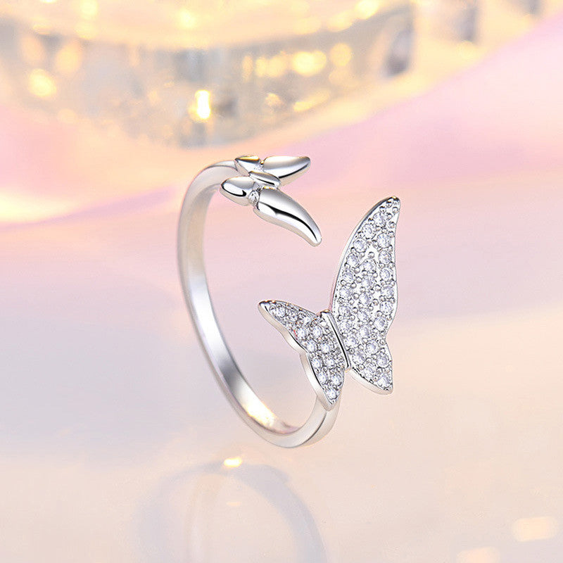 Jewels Galaxy Silver Plated AD Studded Butterfly Shape Contemporary Korean Finger Ring