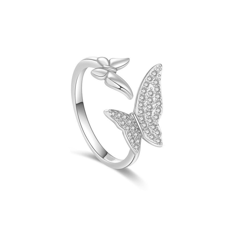 Jewels Galaxy Silver Plated AD Studded Butterfly Shape Contemporary Korean Finger Ring