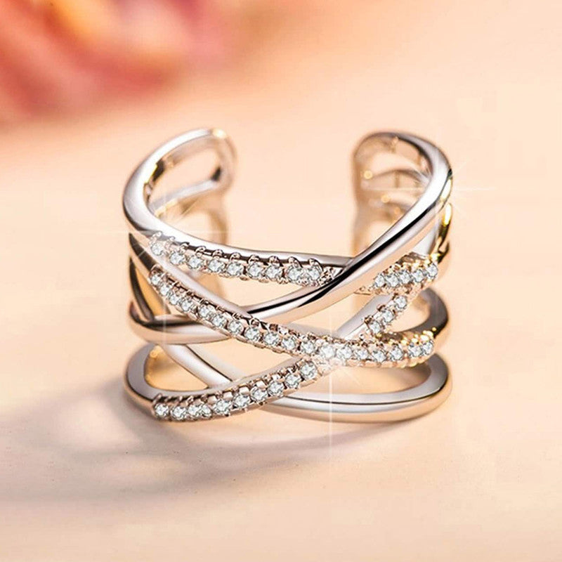 Jewels Galaxy Silver Plated American Diamond Studded Contemporary Korean Finger Ring