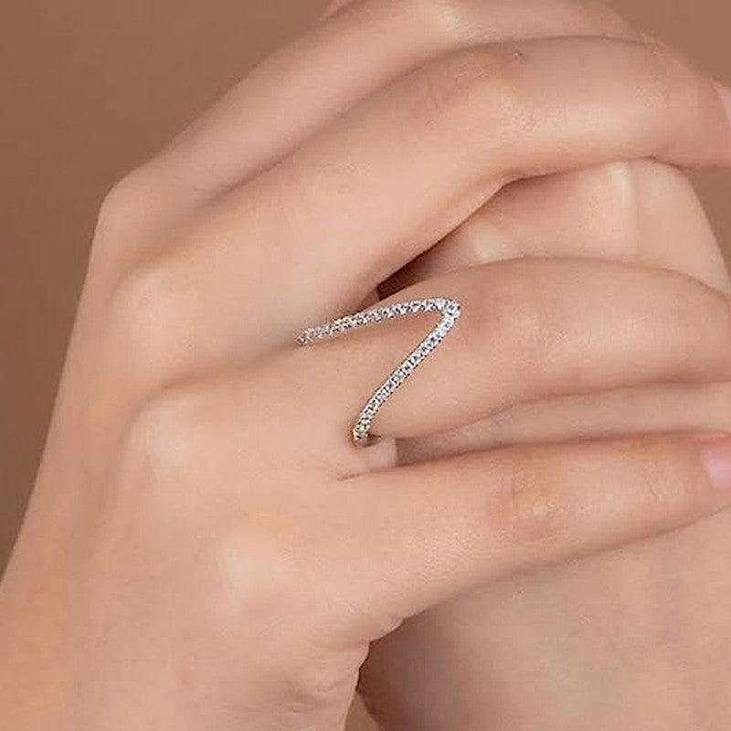 Jewels Galaxy Silver-Plated Anti Tarnish V Shaped CZ Studded Adjustable Finger Ring