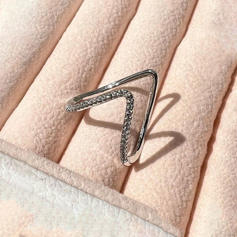 Jewels Galaxy Silver-Plated Anti Tarnish V Shaped CZ Studded Adjustable Finger Ring