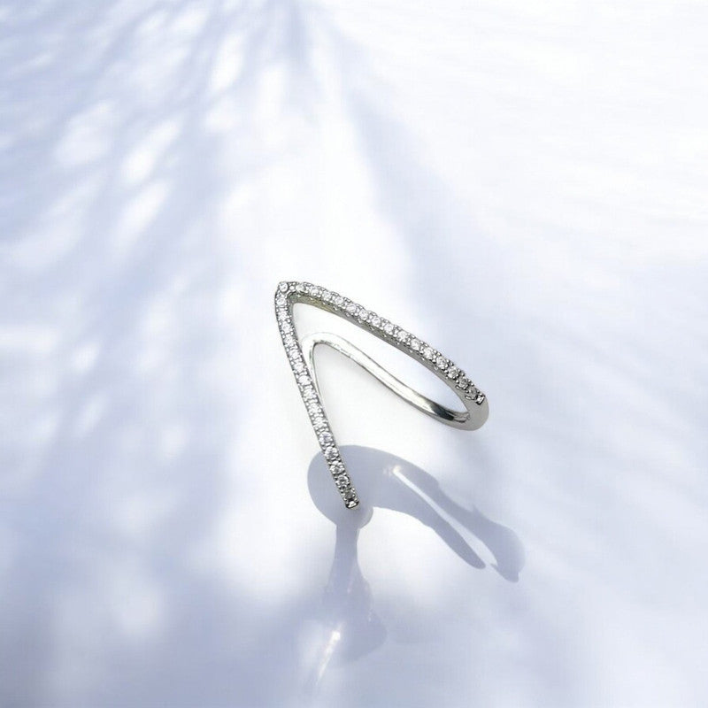 Jewels Galaxy Silver-Plated Anti Tarnish V Shaped CZ Studded Adjustable Finger Ring