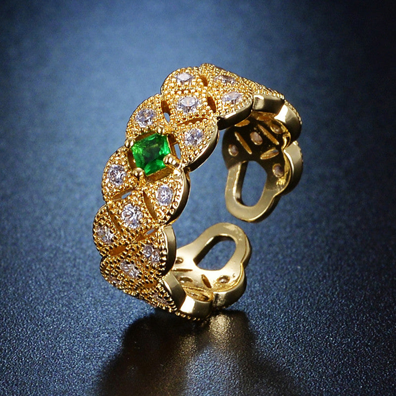 Jewels Galaxy Gold Plated Crystal Studded Contemporary Green Stone Adjustable Finger Ring