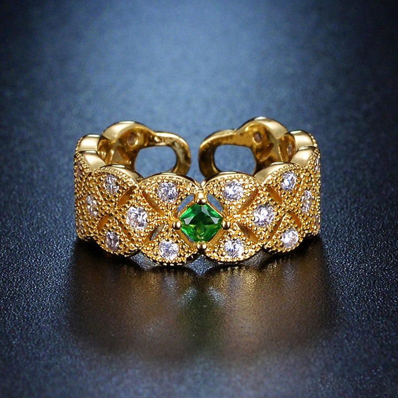 Jewels Galaxy Gold Plated Crystal Studded Contemporary Green Stone Adjustable Finger Ring