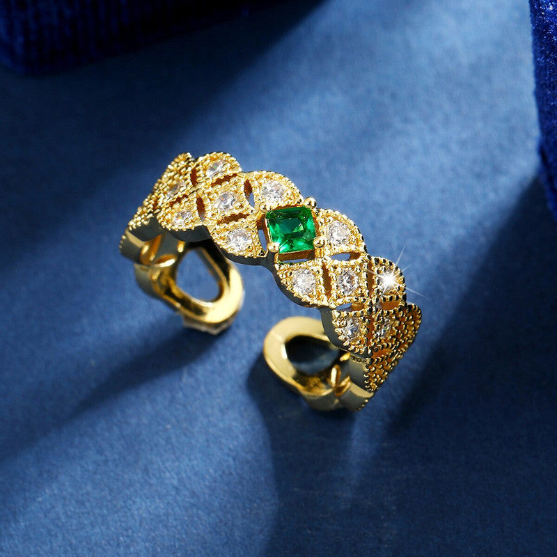 Jewels Galaxy Gold Plated Crystal Studded Contemporary Green Stone Adjustable Finger Ring
