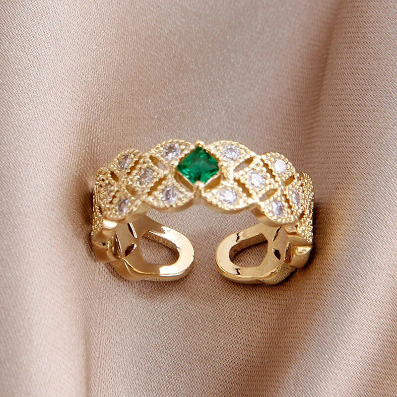 Jewels Galaxy Gold Plated Crystal Studded Contemporary Green Stone Adjustable Finger Ring