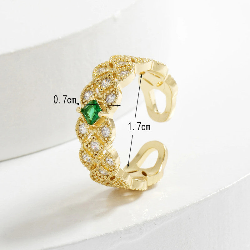 Jewels Galaxy Gold Plated Crystal Studded Contemporary Green Stone Adjustable Finger Ring