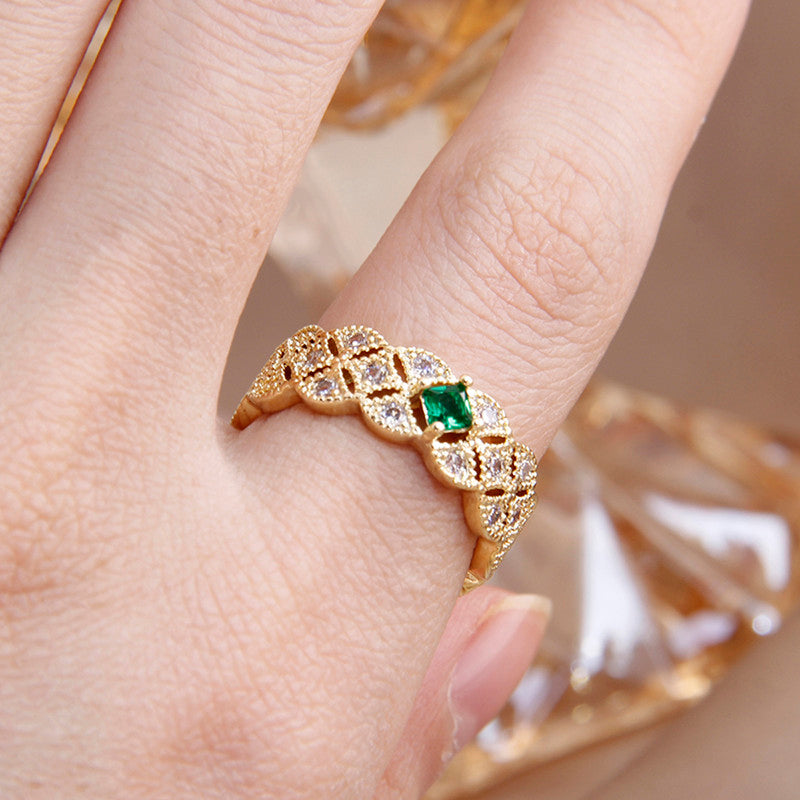 Jewels Galaxy Gold Plated Crystal Studded Contemporary Green Stone Adjustable Finger Ring