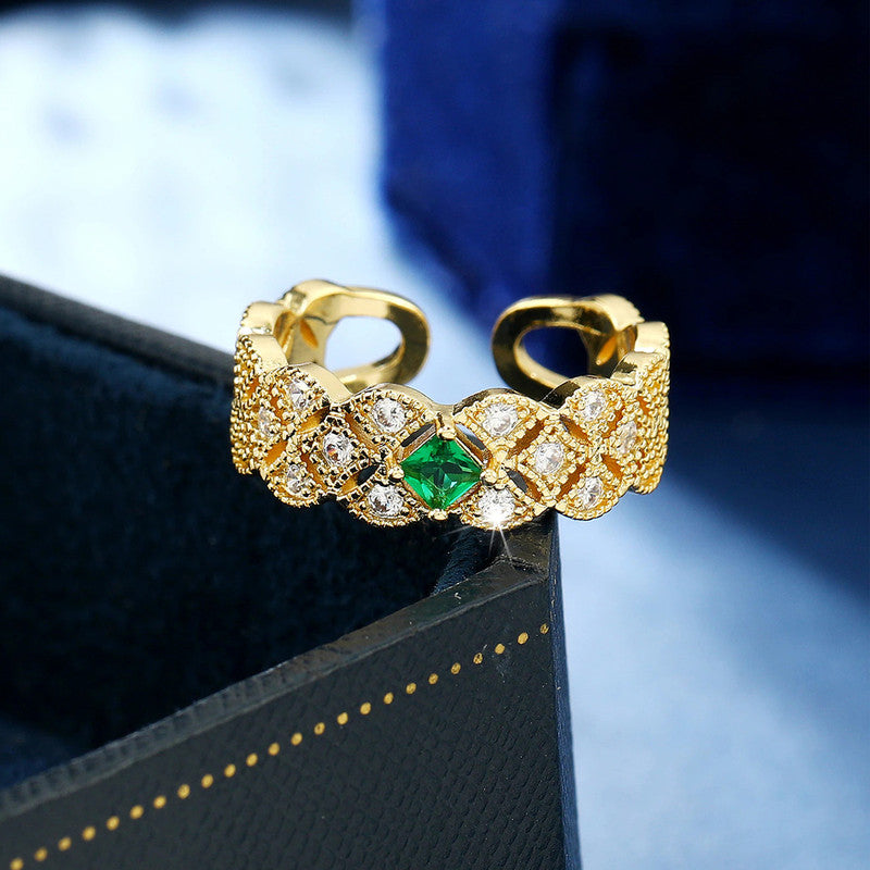 Jewels Galaxy Gold Plated Crystal Studded Contemporary Green Stone Adjustable Finger Ring