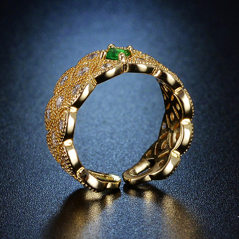 Jewels Galaxy Gold Plated Crystal Studded Contemporary Green Stone Adjustable Finger Ring