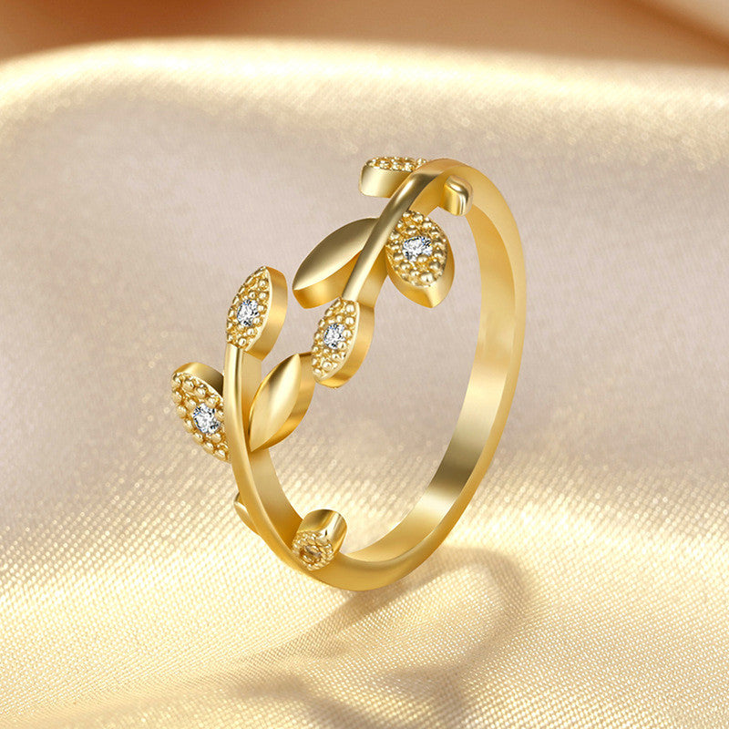 Jewels Galaxy Gold Plated AD Studded Leaf Inspired Contemporary Korean Finger Ring