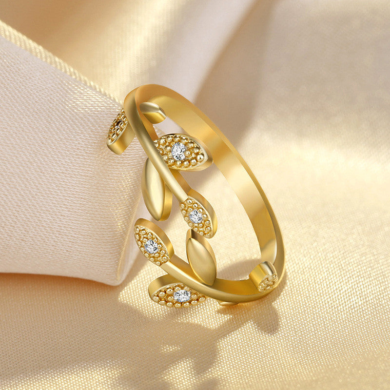 Jewels Galaxy Gold Plated AD Studded Leaf Inspired Contemporary Korean Finger Ring