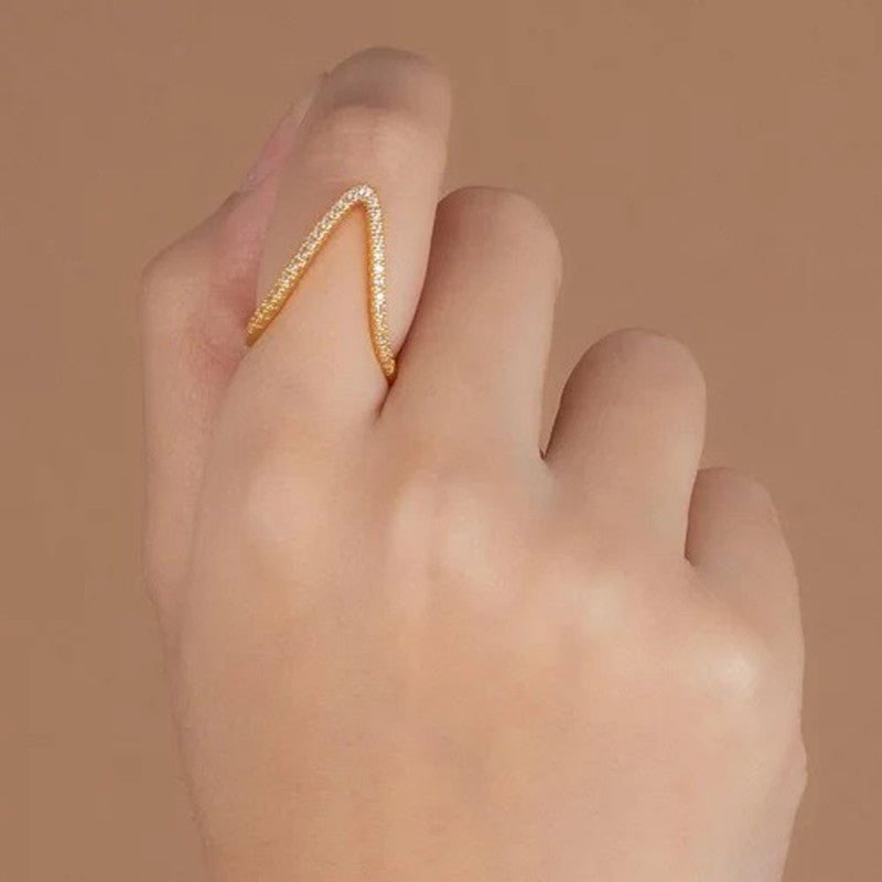 Jewels Galaxy Gold-Plated Anti Tarnish V Shaped CZ Studded Adjustable Finger Ring