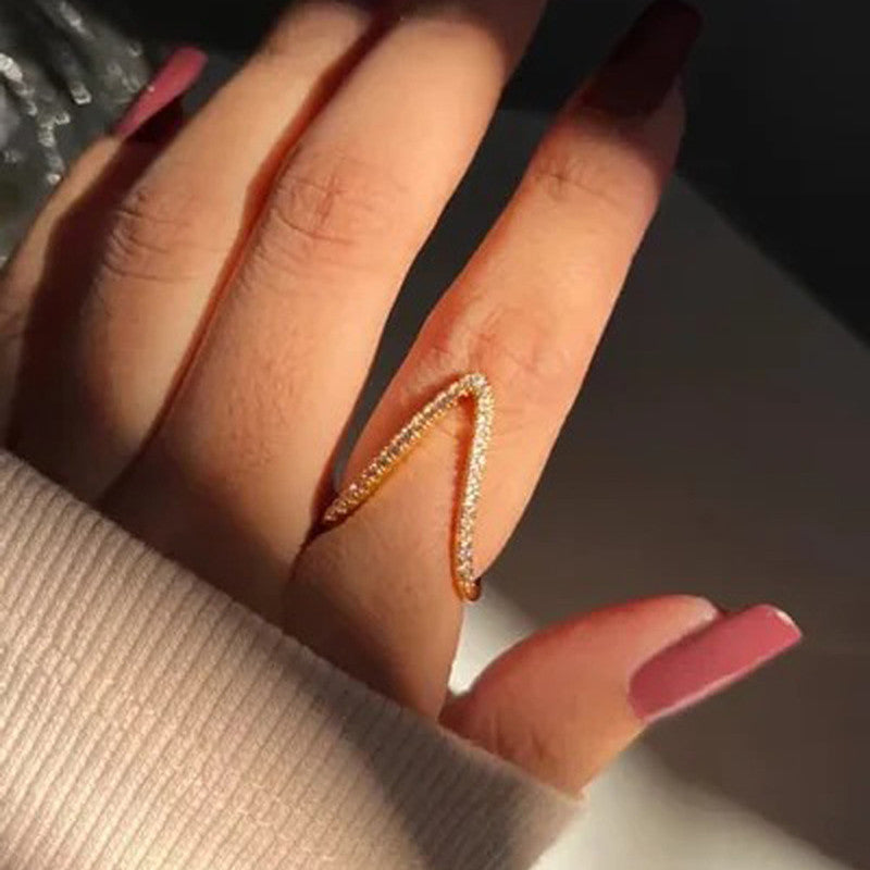 Jewels Galaxy Gold-Plated Anti Tarnish V Shaped CZ Studded Adjustable Finger Ring