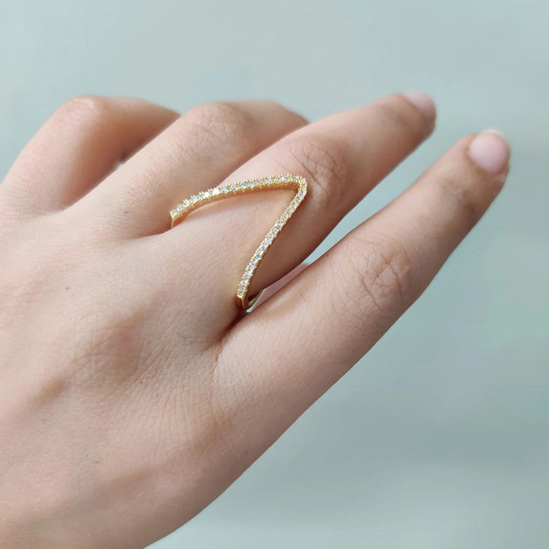 Jewels Galaxy Gold-Plated Anti Tarnish V Shaped CZ Studded Adjustable Finger Ring