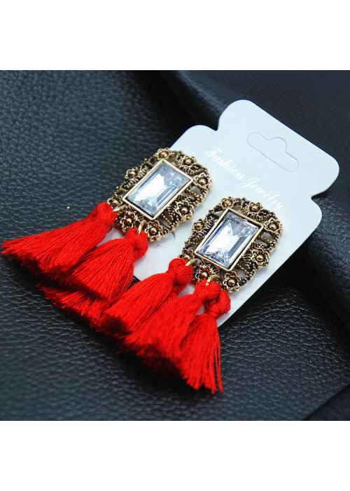 Jewels Galaxy Red & Gold-Toned Copper-Plated Stone-Studded Tassel Earrings 45089