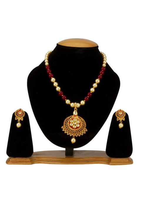 Jewels Galaxy Red GP Kundan studded Pearl Necklace Set 44013