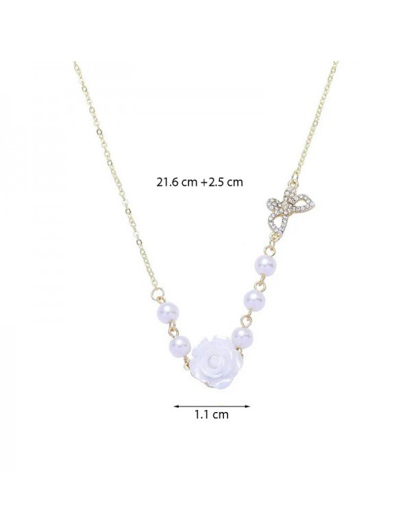 Jewels Galaxy Gold Plated Pearl Studded Rose and Butterfly themed Necklace