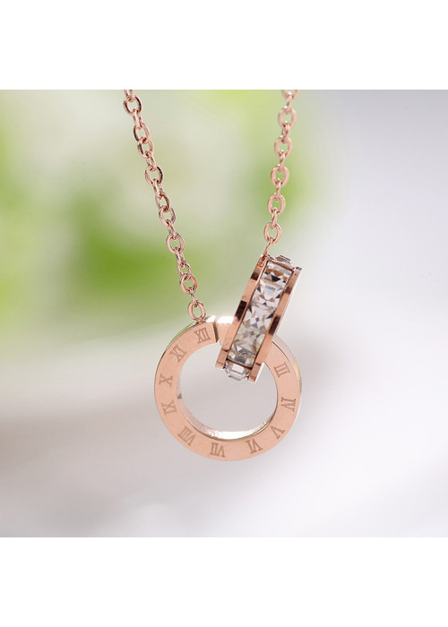 Jewels Galaxy Rose Gold Plated Stainless Steel Roman Numerals Pendant with Cubic Zirconia