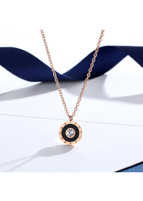 Jewels Galaxy Rose Gold Plated Stainless Steel Roman Numerals Black Circular Pendant with Cubic Zirconia