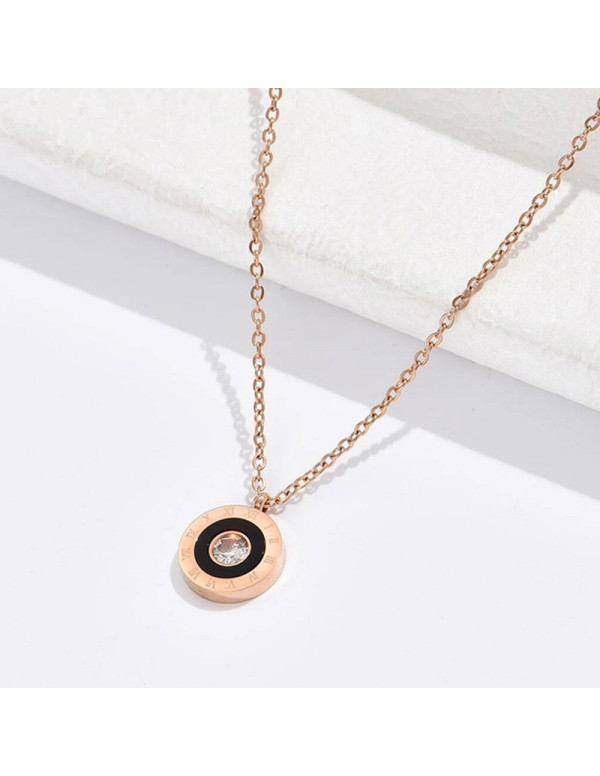 Jewels Galaxy Rose Gold Plated Stainless Steel Roman Numerals Black Circular Pendant with Cubic Zirconia