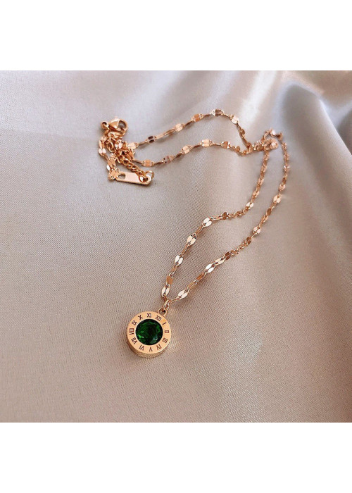 Jewels Galaxy Stainless Steel Gold Plated Green CZ Stone Roman Numerals Pendant with Rope Chain