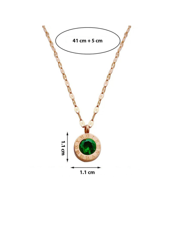 Jewels Galaxy Stainless Steel Gold Plated Green CZ Stone Roman Numerals Pendant with Rope Chain