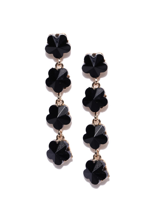 Jewels Galaxy Black Gold-Plated Stone-Studded Floral Drop Earrings  9841