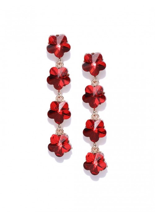 Jewels Galaxy Red Gold-Plated Stone-Studded Floral Drop Earrings  9844