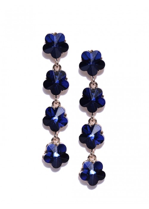 Jewels Galaxy Navy Blue Gold-Plated Floral Stone-Studded Drop Earrings  9845