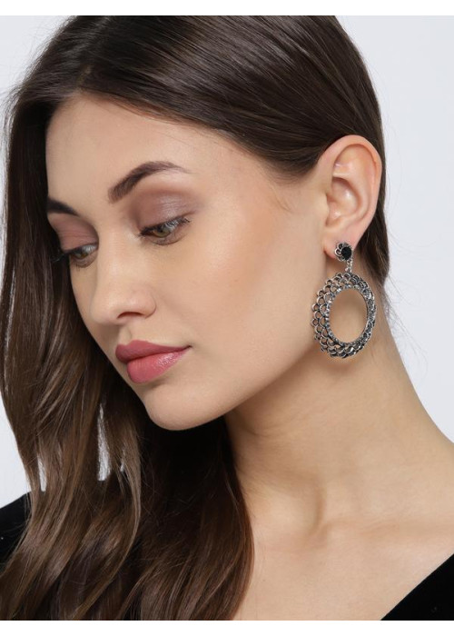 Black Oxidized Silver-Plated Handcrafted Circular Drop Earrings 35443