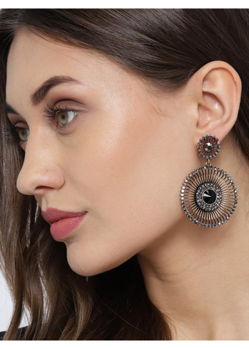 Black Copper-Plated Stone-Studded Handcrafted Circular Drop Earrings 35467