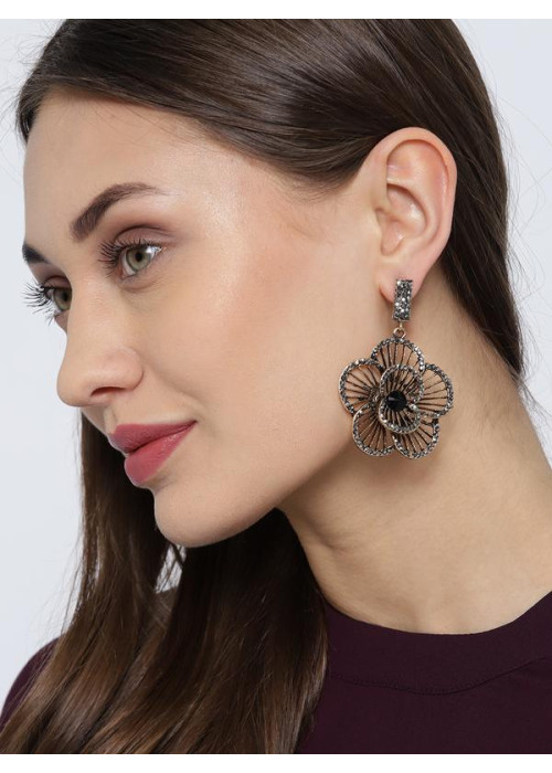 Black Copper-Plated Handcrafted Stone-Studded Floral Drop Earrings 35481