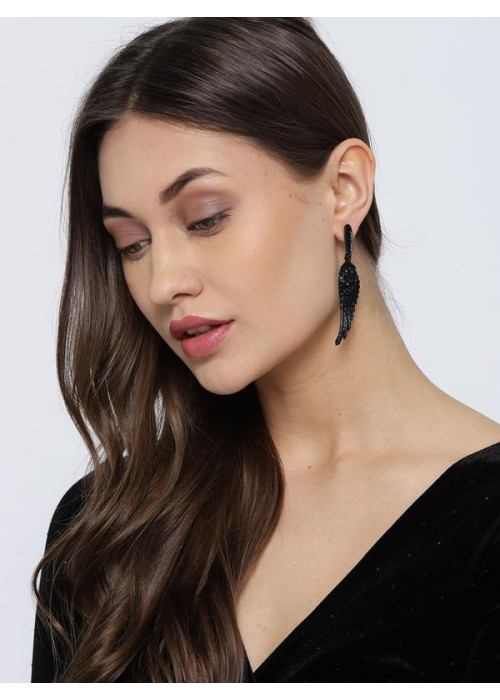 Black Copper-Plated Handcrafted Wing Shaped Drop Earrings 35507