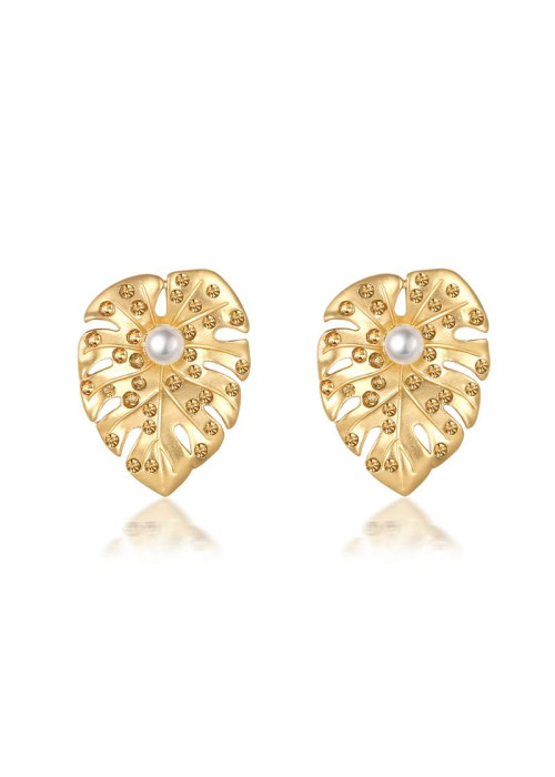 Jewels Galaxy Gold-Plated Stone-Studded Leaf Shaped Studs 35621