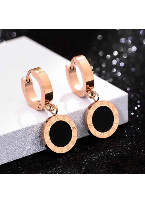 Jewels Galaxy Rose Gold Plated Stainless Steel Circular Roman Numerals Drop Earrings