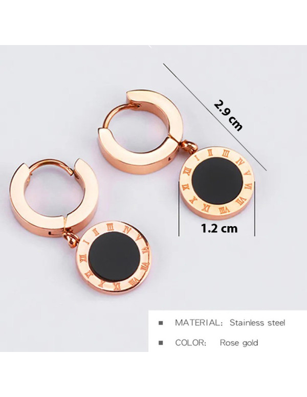 Jewels Galaxy Rose Gold Plated Stainless Steel Circular Roman Numerals Drop Earrings