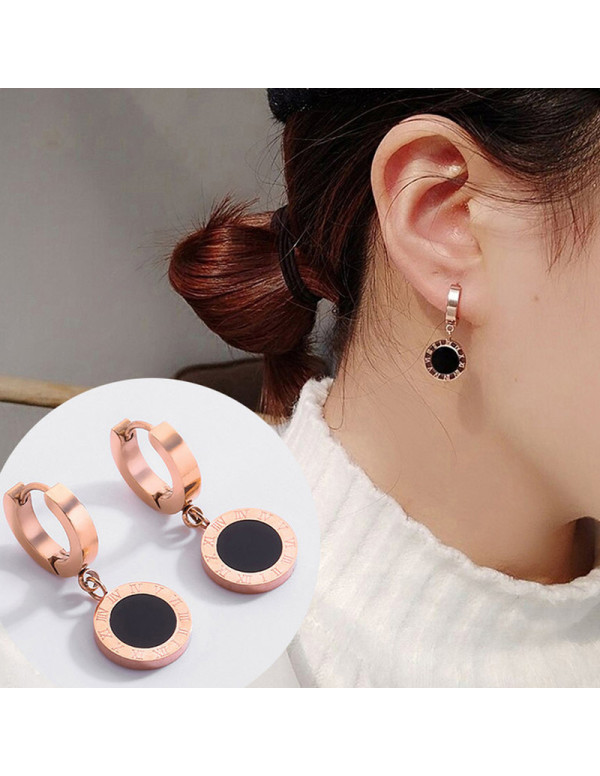 Jewels Galaxy Rose Gold Plated Stainless Steel Circular Roman Numerals Drop Earrings