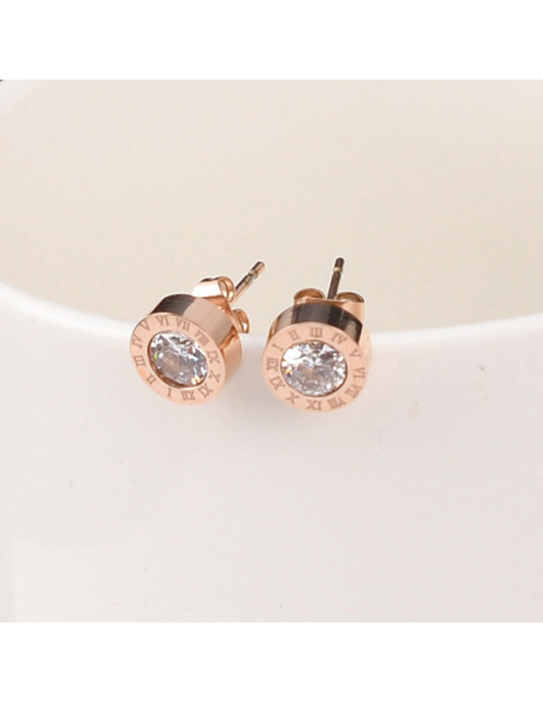 Jewels Galaxy Rose Gold Plated Stainless Steel Circular CZ Studded Roman Numerals Stud Earrings