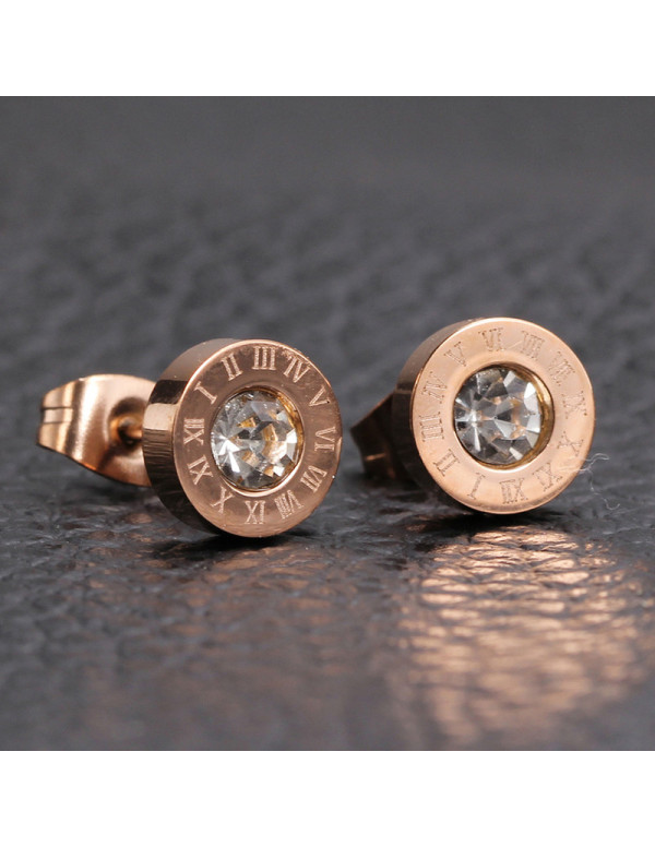 Jewels Galaxy Rose Gold Plated Stainless Steel Circular CZ Studded Roman Numerals Stud Earrings