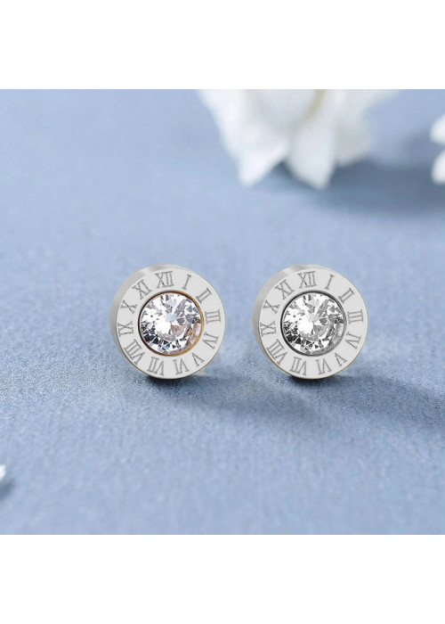 Jewels Galaxy Silver Plated Stainless Steel Circular CZ Studded Roman Numerals Stud Earrings